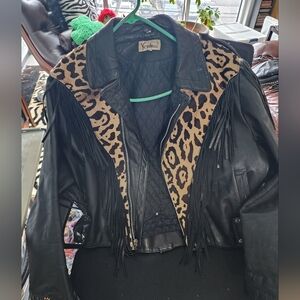 Black and Brown Calfskin & Leather Fringe Jacket With Skeleton Button Details